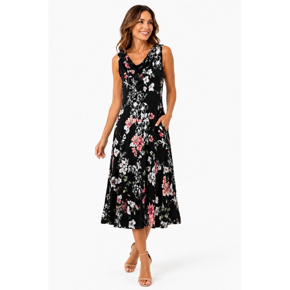 Robbie Bee Floral Cowl Neck Sleeveless Midi Dress Black Pink White Size L